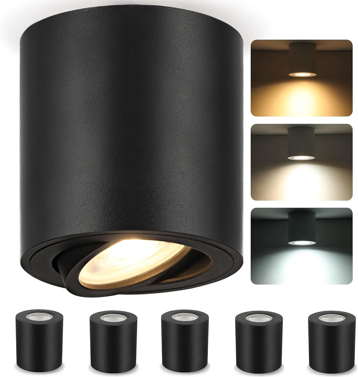Plafondspots, GU10, drie witte temperaturen, 6,5 W, 550 lm, draaibaar, plafondspot van aluminium, warmwit, neutraal, koud, rond, 80 x 84 mm