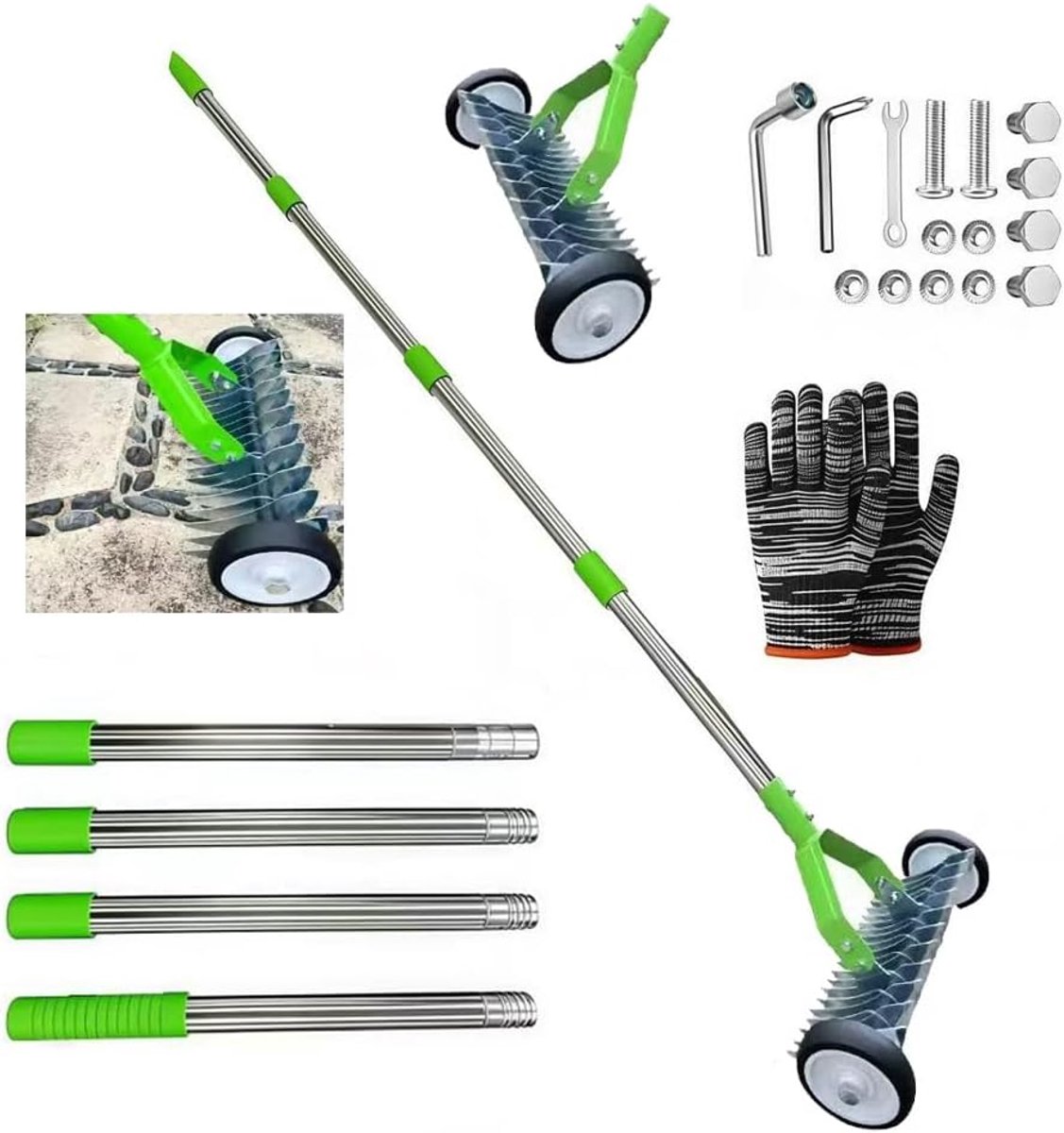 Handverticuteermachine met steel, 165 cm, verticuteerhark, metalen snijhark, tuin, afneembaar, verstelbare verticuteerhark, verticuteerhark voor tuin, erf