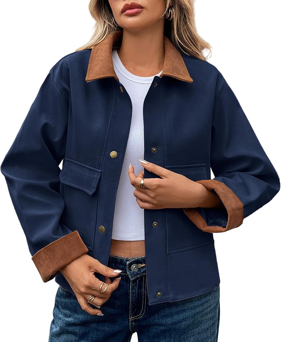 Dames opstaande kraag korte casual jas lange mouwen corduroy revers button shacket mantel met zakken sweatjack