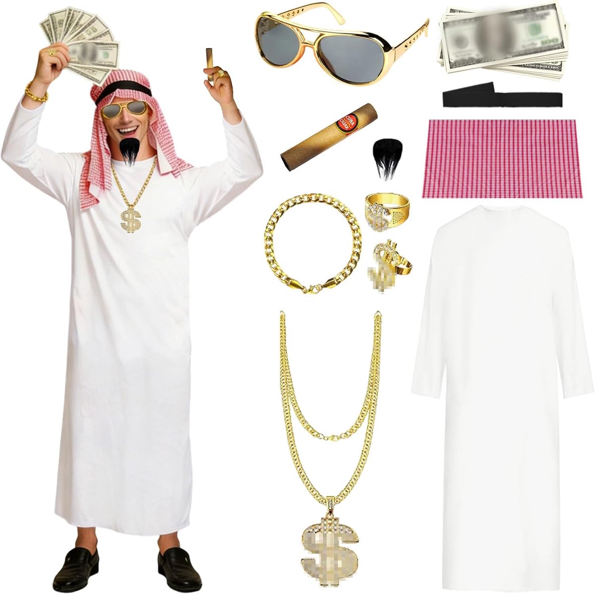 Kostuum voor heren, Arabisch Sheikh-kostuum voor heren, complete set met lange witte jurk, Keffieh, elegante accessoires, ideaal voor kostuumfeest, carnaval, Halloween en show