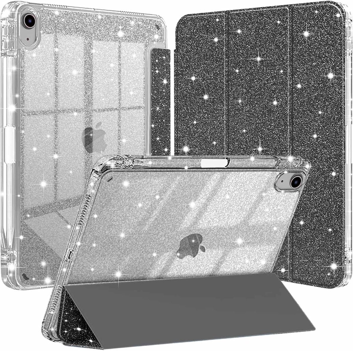 Case voor iPad (A16) 11e Generatie 11 Inch 2025/iPad 10e Generatie [Ingebouwde Pencil Houder] Sprankelende Hoes met Glanzende Transparante Achterkant, Automatisch Waken/Slapen, Zwart