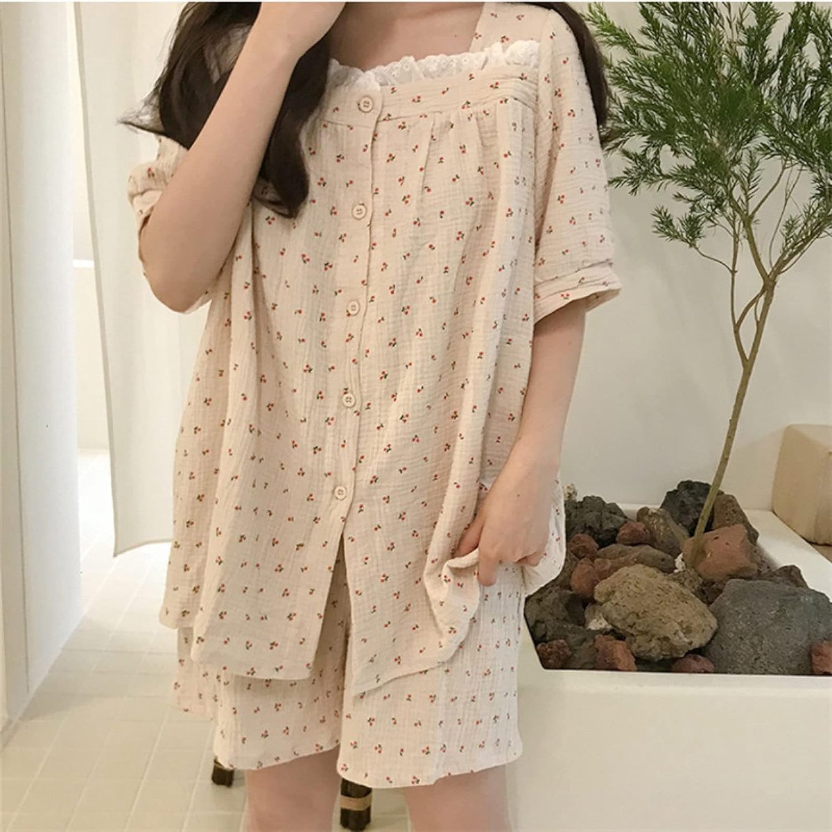 Pyjama Set Met Ronde Hals En Kant - Zomer Zoete Kersenprint Kanten Rand Nachtkleding Tweedelige Set, Behaaglijke Katoenen Short Met Korte Mouwen Losjes Loungewear Homewear Set,Abrikoos,One Size