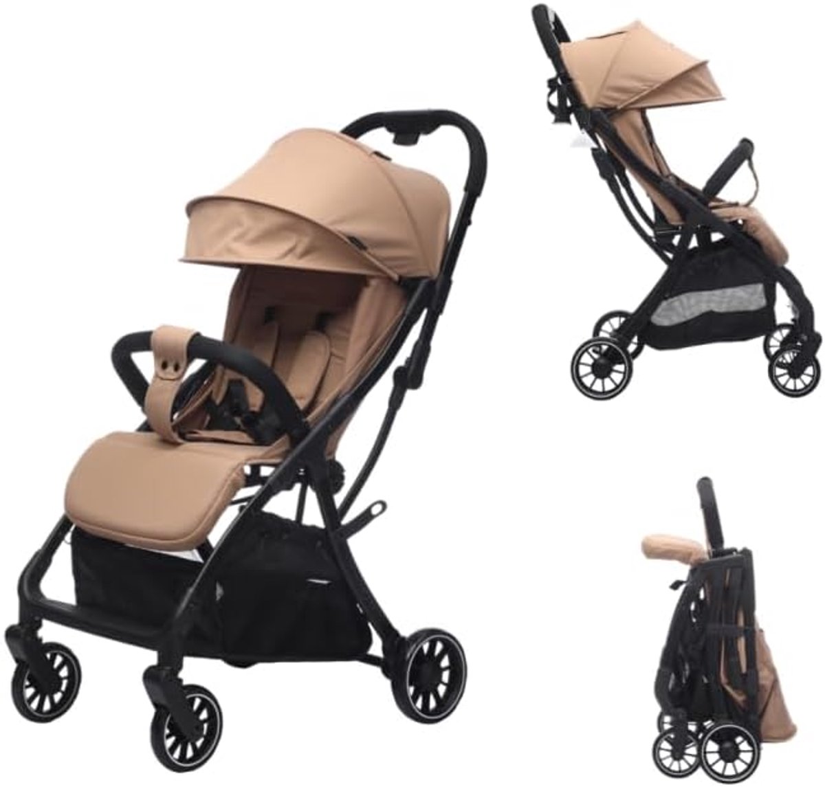 Buggy Beige – Lichte reisbuggy vanaf de geboorte Compact Plus, inklapbaar, vanaf de geboorte tot 22 kg, ligpositie, UPF 50+ zonnedak, 5-punts veiligheidsgordel, ingebouwde winkelmand