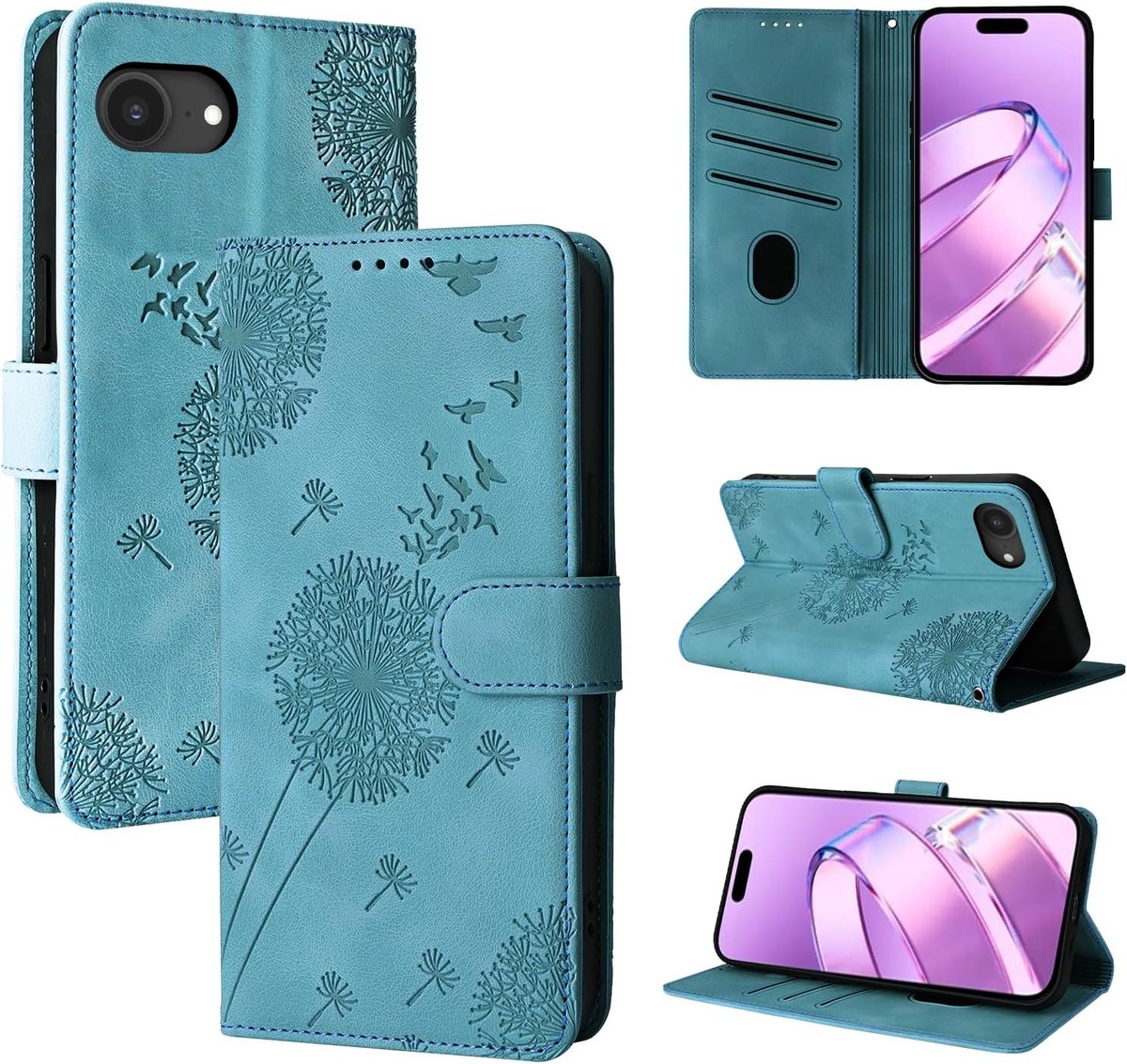 Beschermhoesje voor iPhone 17e, paardenbloem, PU-leer, portemonnee, magnetisch, boekomslag met kaartvakken voor iPhone 17e, blauw
