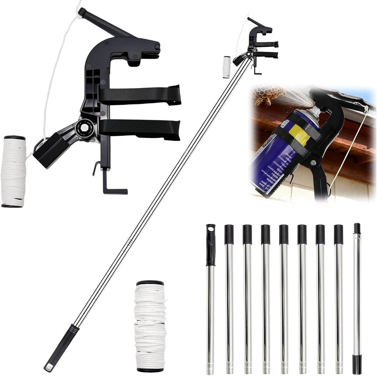 Verlengstang voor spuitbussen 3,6 m – telescoop met verstelbare houder, 3/4″ schroefdraad, voor wespenspray & verf