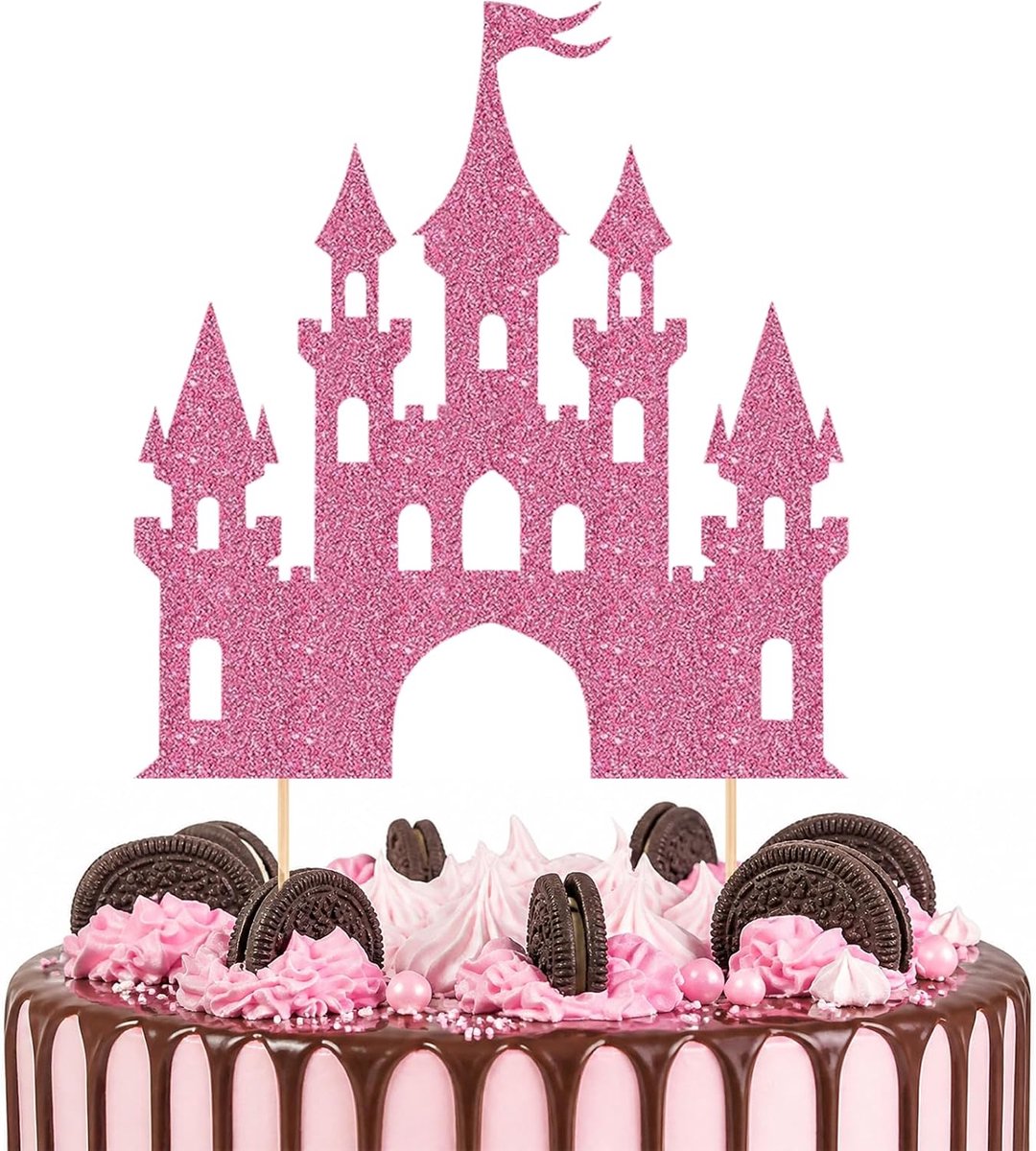 1 stuk slot taartdecoratie, prinses kasteel thema glitter taartdecoratie verjaardagsdecoratie, slot taarttopper, decoraties voor verjaardagsfeest, bruiloft, taartdecoraties (fuchsia)