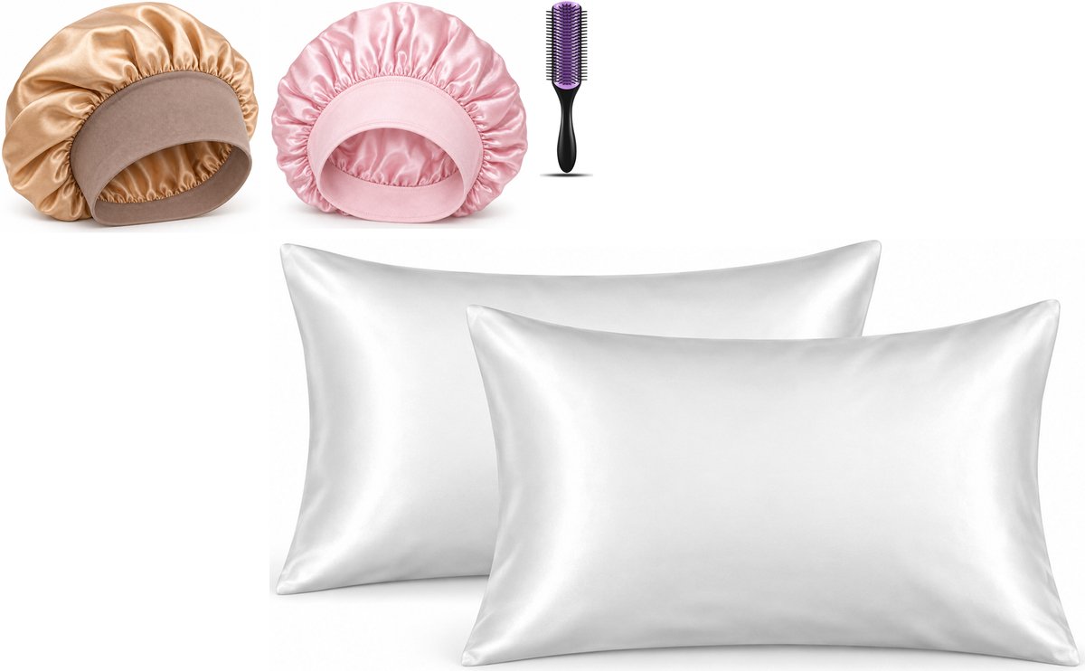 Professor Q Haar- en Slaapset - 2 Kussenslopen Wit 60 x 70 cm - Bonnet Roze - Bonnet Goud - Purple Black Borstel
