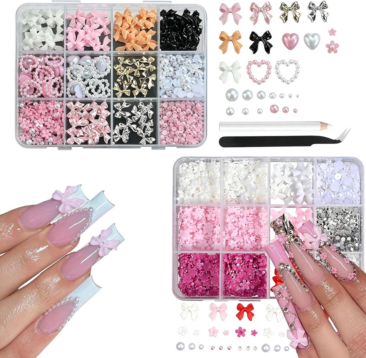 2 dozen met strassteentjes, nail art met nagelsieraden, 3D-nagelbedels decoratie