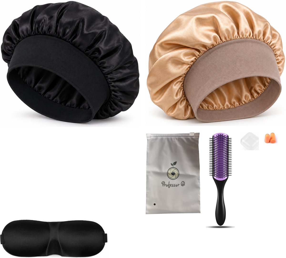 Professor Q Haarverzorgingsset - Bonnet Zwart - Bonnet Goud - Purple Black Borstel - Slaapmasker Zwart