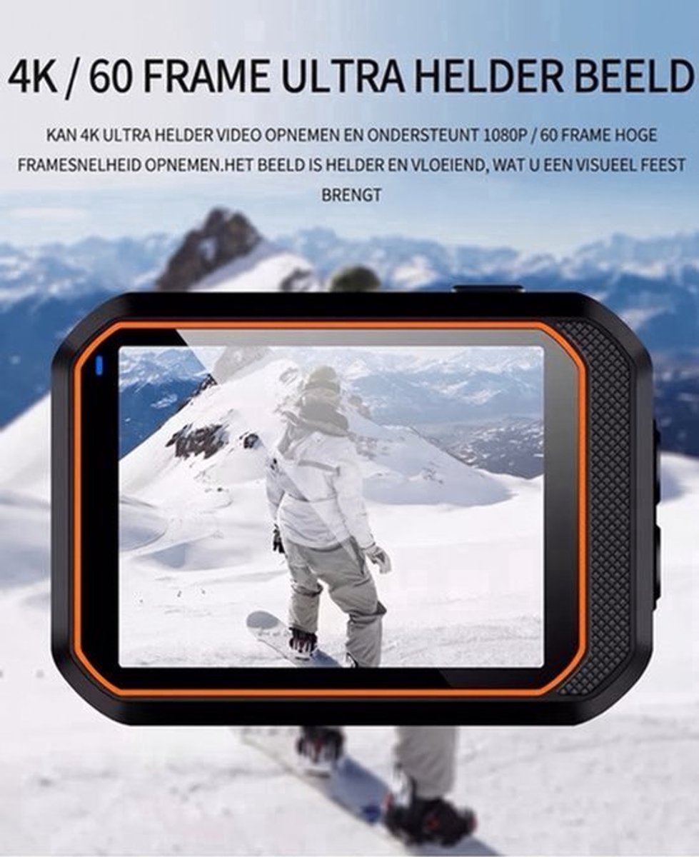 Action Camera - 4K 20MP - 60FPS / 30M Waterdicht / WiFi - Touchscreen - Onderwatercamera - Foto & Video - HD sportcamera - EIS Stabilisatie - Inclusief Accessoires - 64GB SD - Zwart