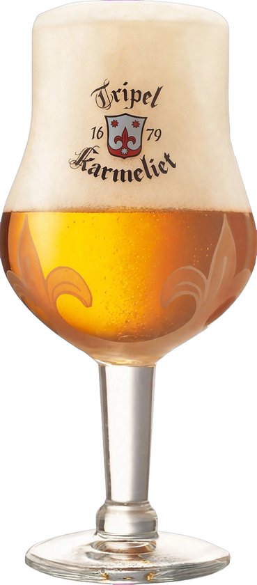 Verre à bière Karmeliet Tripel avec logo, 1679, et décoration fleur de lis.