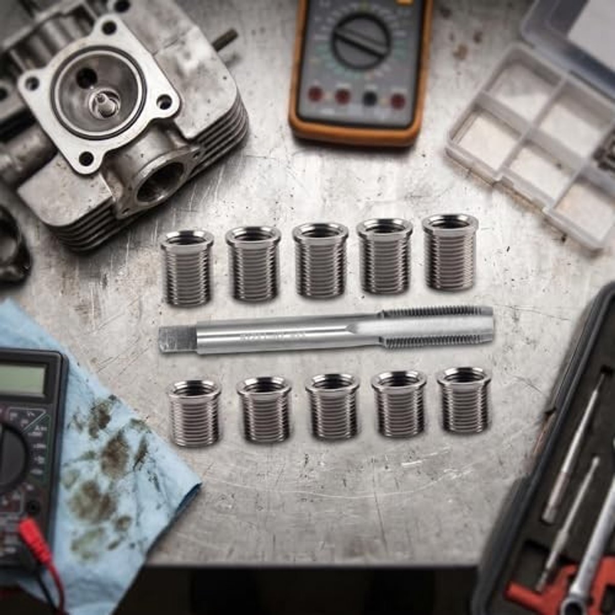 Draadreparatieset voor Bougiekoppen, 10 Stuks M10x1.0 Draadinvoegen en 1 Stuk M12x1.0 Draadboor, Bougie Reparatietool voor Auto's en Motoren