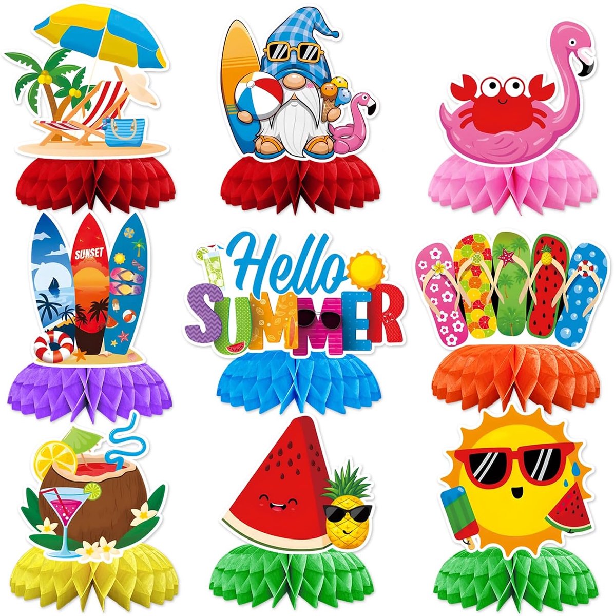 3D zomerse honingraat-tafelopzetstukken, 9 stuks, zomerfeestdecoratie, tafeldecoratie, Hawaï-tafeldecoratie, honingraat, middenstuk voor zomerfeest, strand, feest, vakantie, verjaardag
