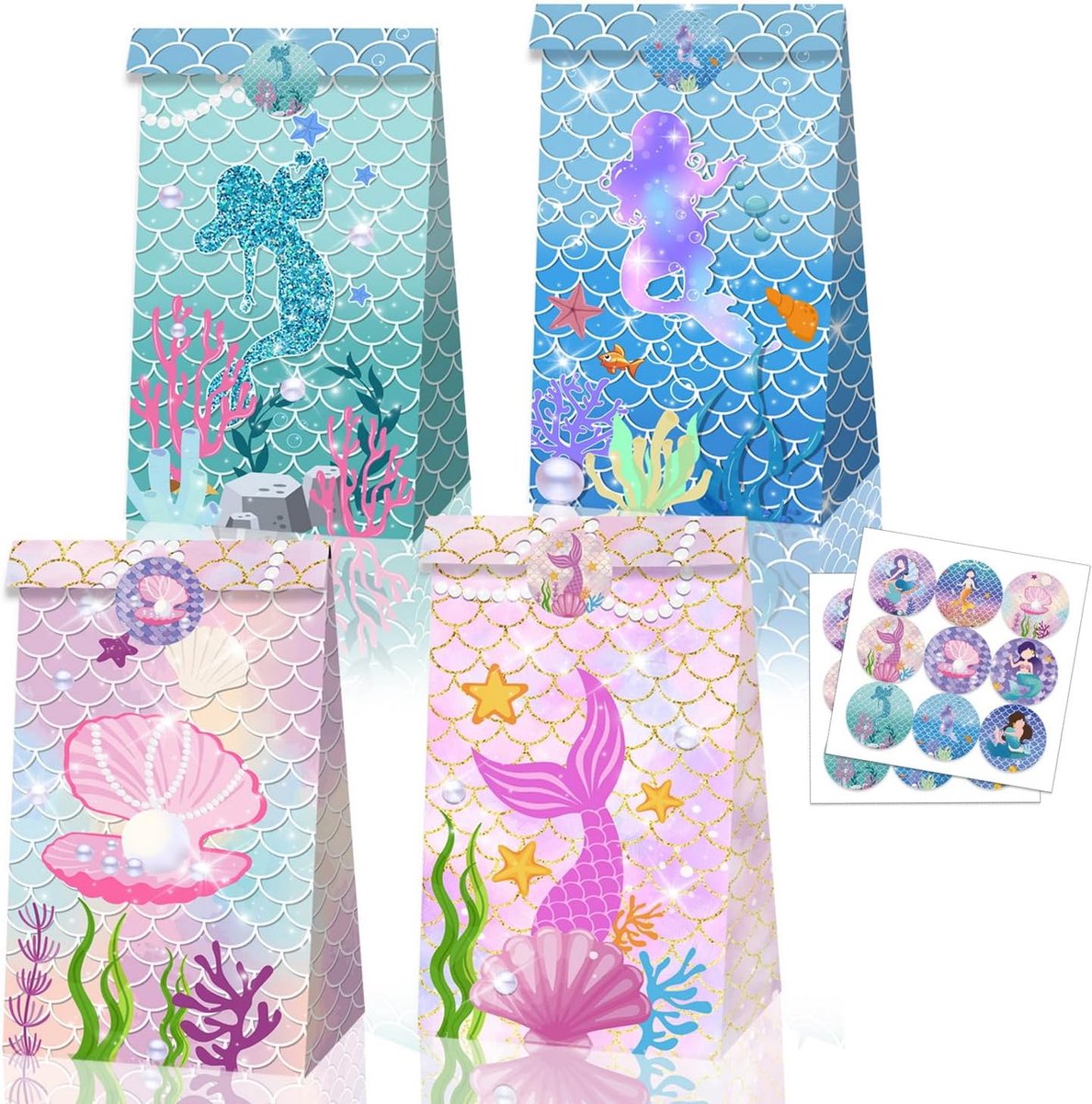 12 stuks zeemeermin partij Favor snoep zakken zeemeermin geschenk papieren zakken met stickers, zeemeerminnen prinses partij Goodie Bags onder de zee verjaardag baby shower partij tassen