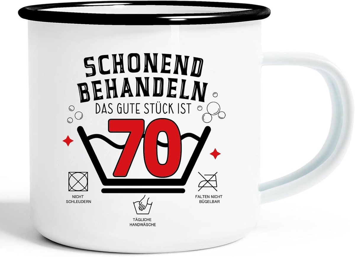 Mok voor de 70ste verjaardag, cadeau voor de 70ste verjaardag, voor man en vrouw, emaille beker, blikken beker met spreuk, voorzichtig behandelen voor wandelen, caravan, camper, uitstapjes