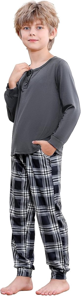 pyjama lange mouwen tartan pyjama voor jongens pyjama sets met twee zakken lange mouwen top + verstelbaar trekkoord geruite pyjamabroek 6-16 jaar