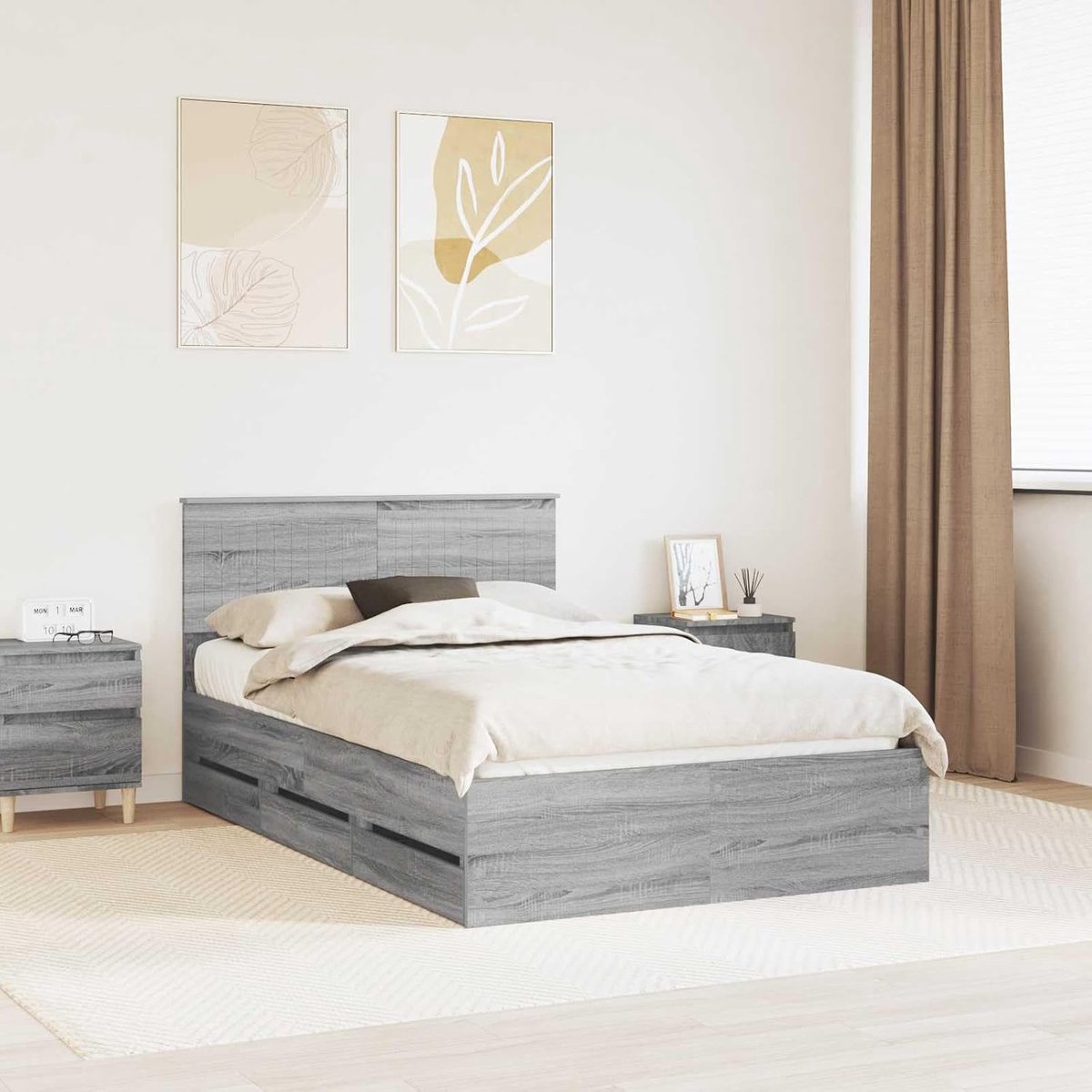 Grijs Sonoma 120 x 190 cm van technisch hout, frame met opbergvakken, houten latten voor ondersteuning en luchtcirculatie, vierkante poten voor stabiliteit,