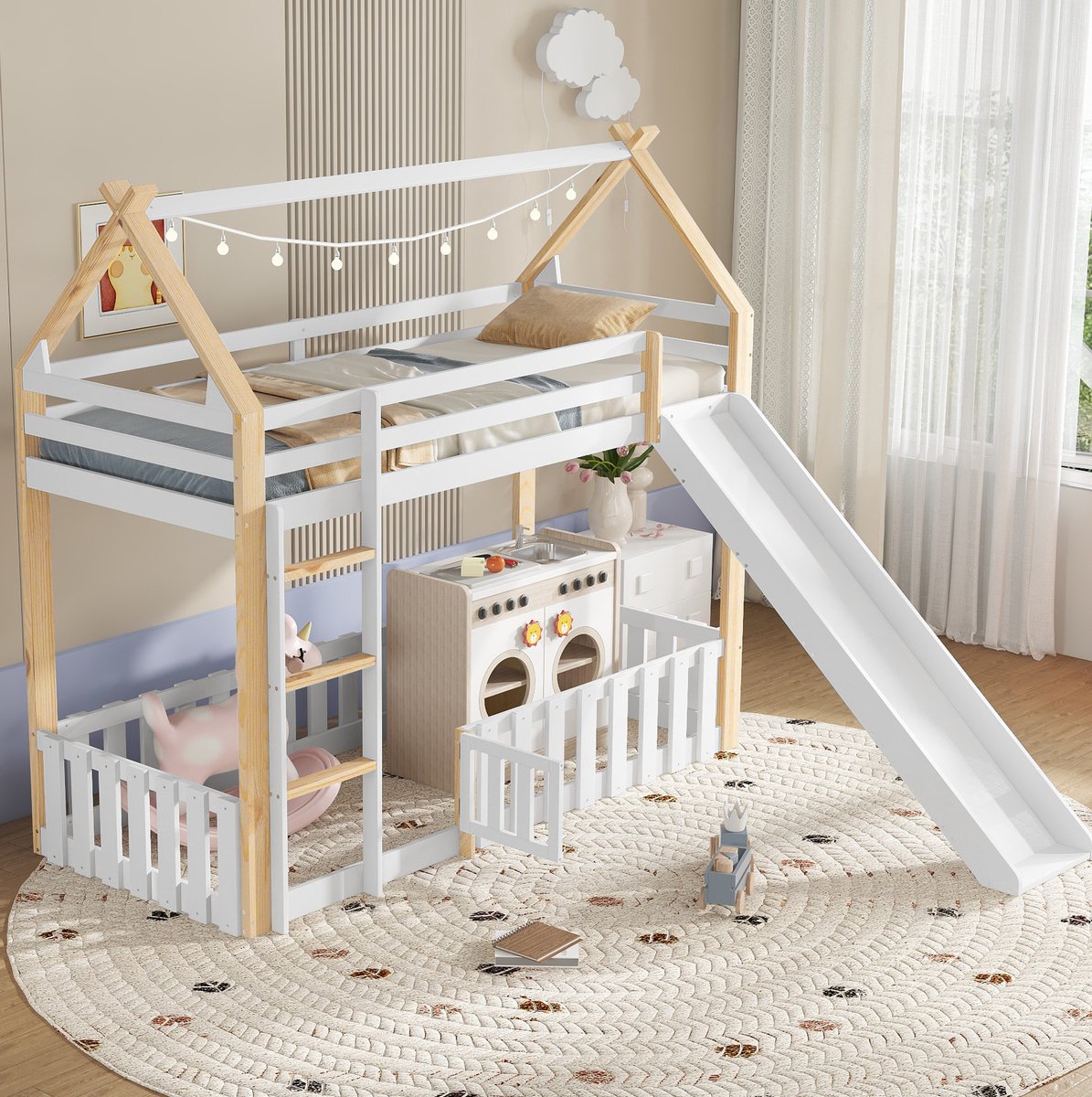 WUVRIE Hoogslaper 90x200 cm met glijbaan, ladder, lattenbodem en speelruimte, wit/naturel