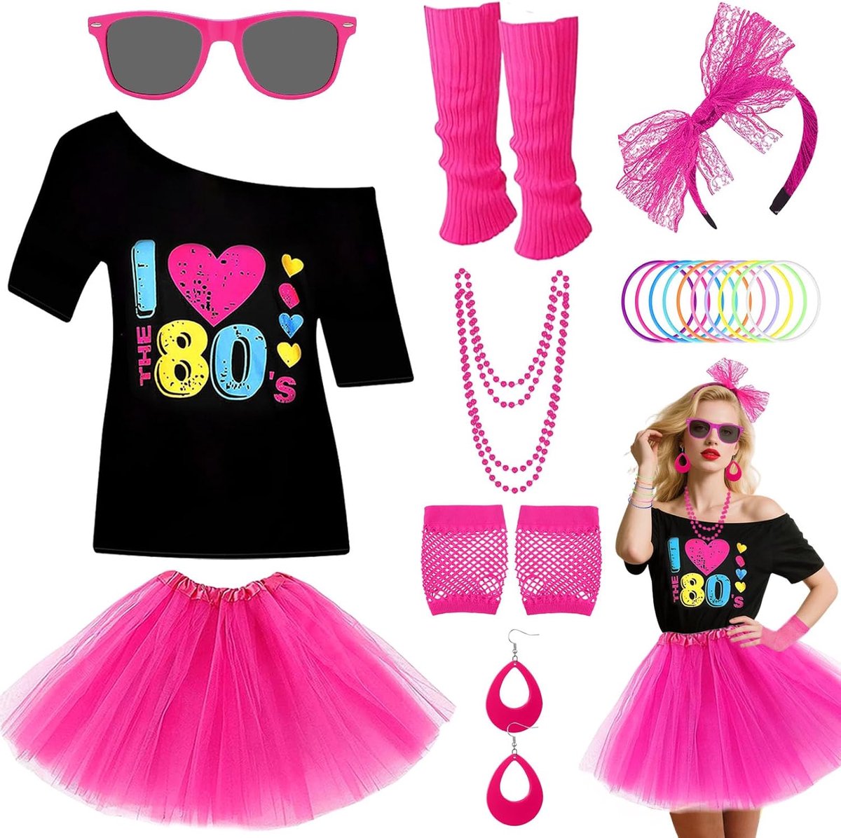 80-kostuumaccessoireset voor dames, neon-partyset uit de jaren 80 met T-shirt, tutu-rok, haarband, oorbellen, halsketting, bril, armband, netkousenhandschoenen en manchetten voor retro party