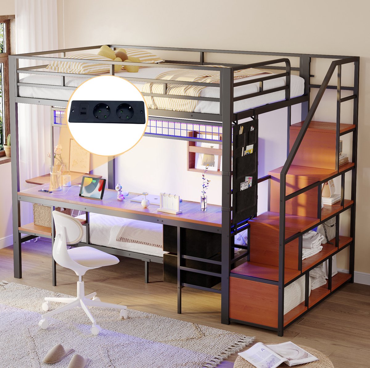 WUVRIE Stapelbed 140x200 en 90x200 cm met bureau, LED, stopcontacten en opbergruimte, zwart