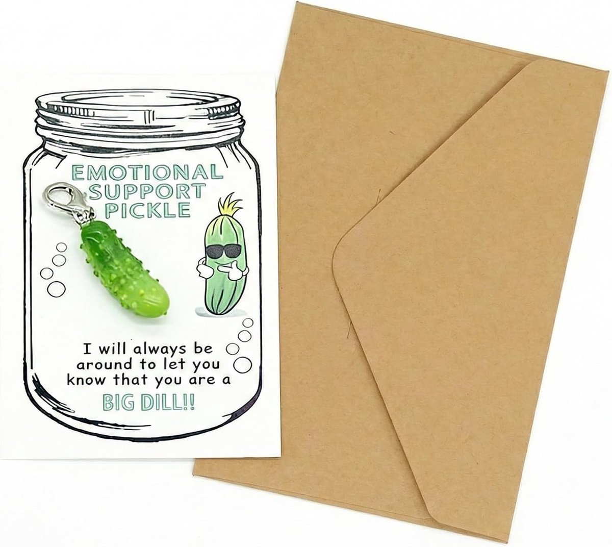 cadeauset, bestaande uit een grappige wenskaart met een komkommer (met envelop) en een positieve sleutelhanger met een komkommer