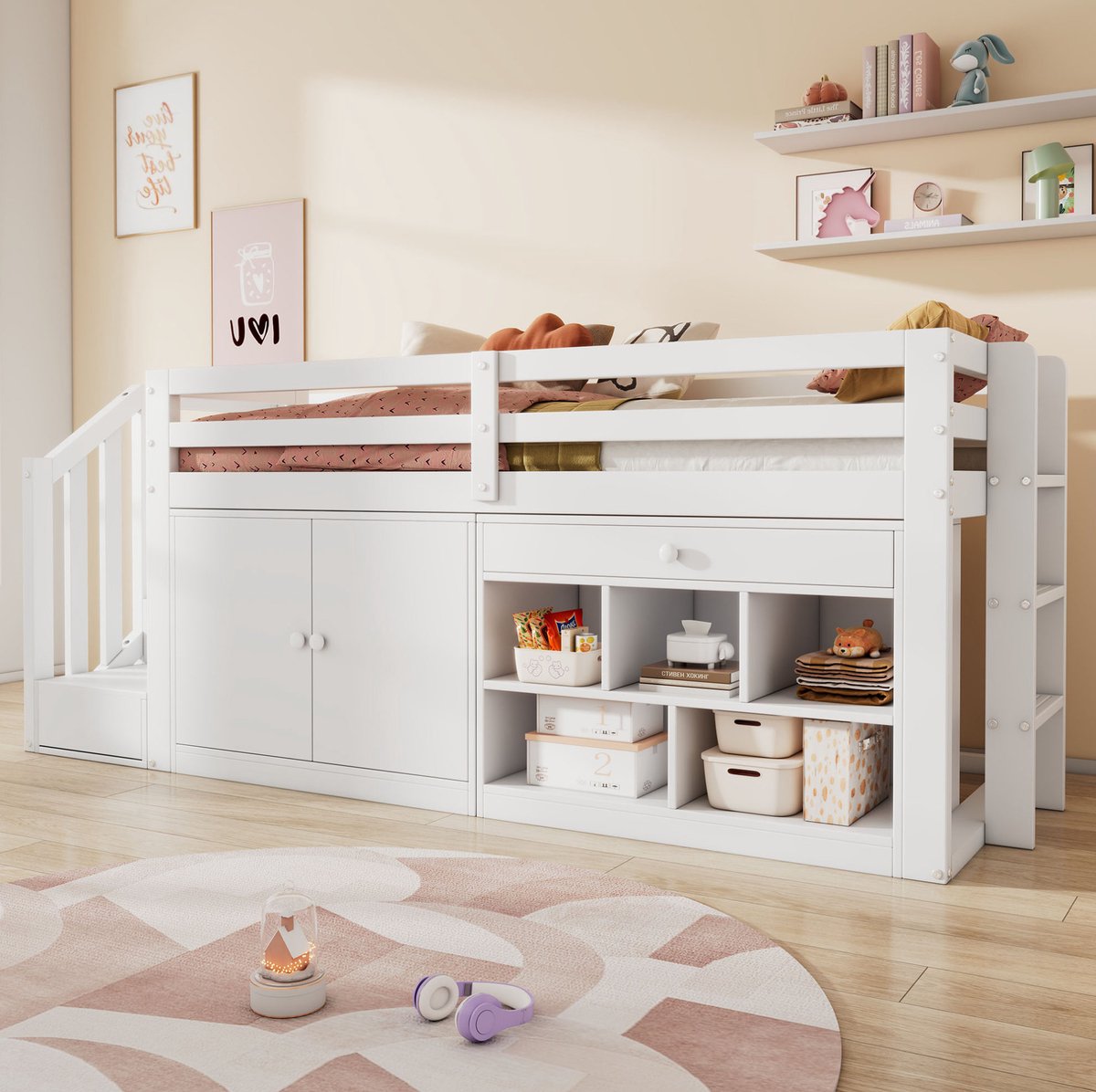 WUVRIE Kinderhoogslaper 90x200 cm met trap, opbergruimte en omklapbare lade als bureau, wit
