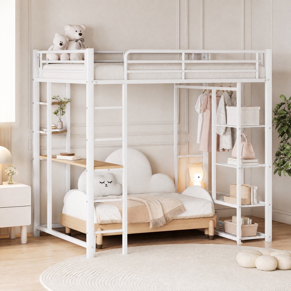 WUVRIE Hoogslaper 140x200 cm met bureau, kledingrek, opbergvakken en ladder, wit