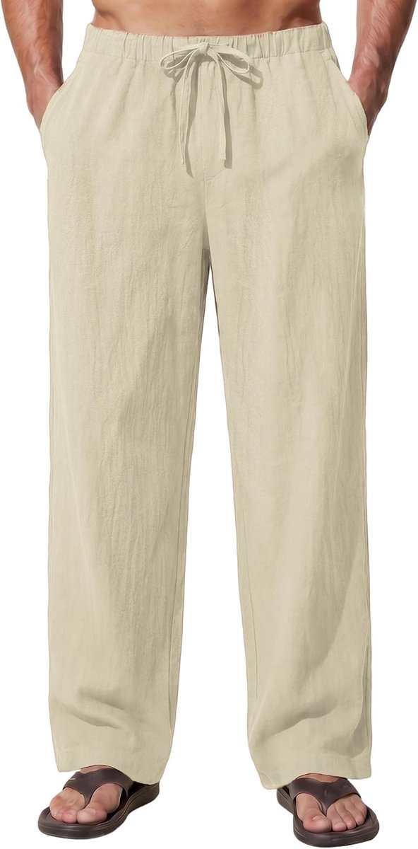 linnen broek voor heren, lange, lichte zomerbroek, casual vrijetijdsbroek met trekkoord, losse pasvorm, broek met zakken, strandvakantie, maten S-2XL