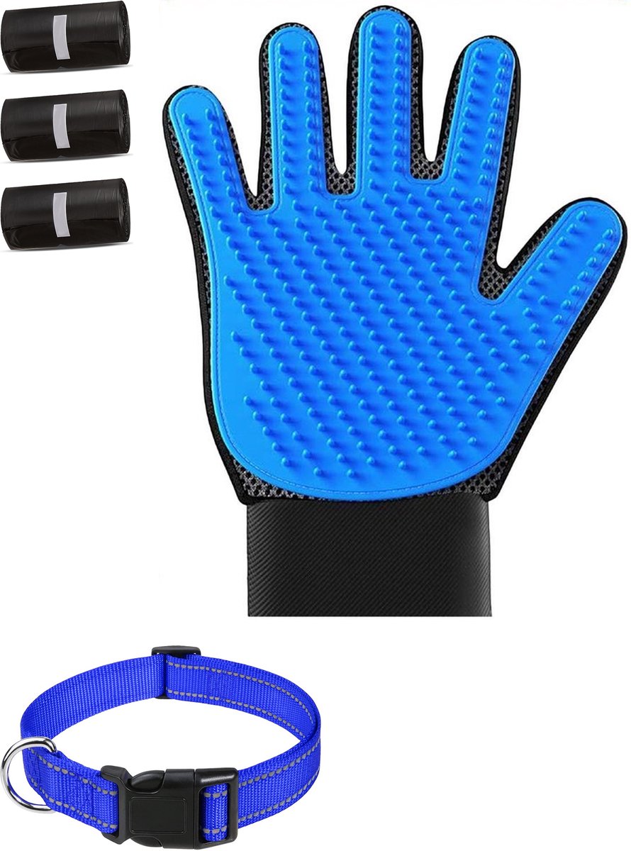 Professor Q Wandelset Hond - Halsband Donkerblauw S 30-40 cm - 45 Poepzakjes - Vachthandschoen Blauw