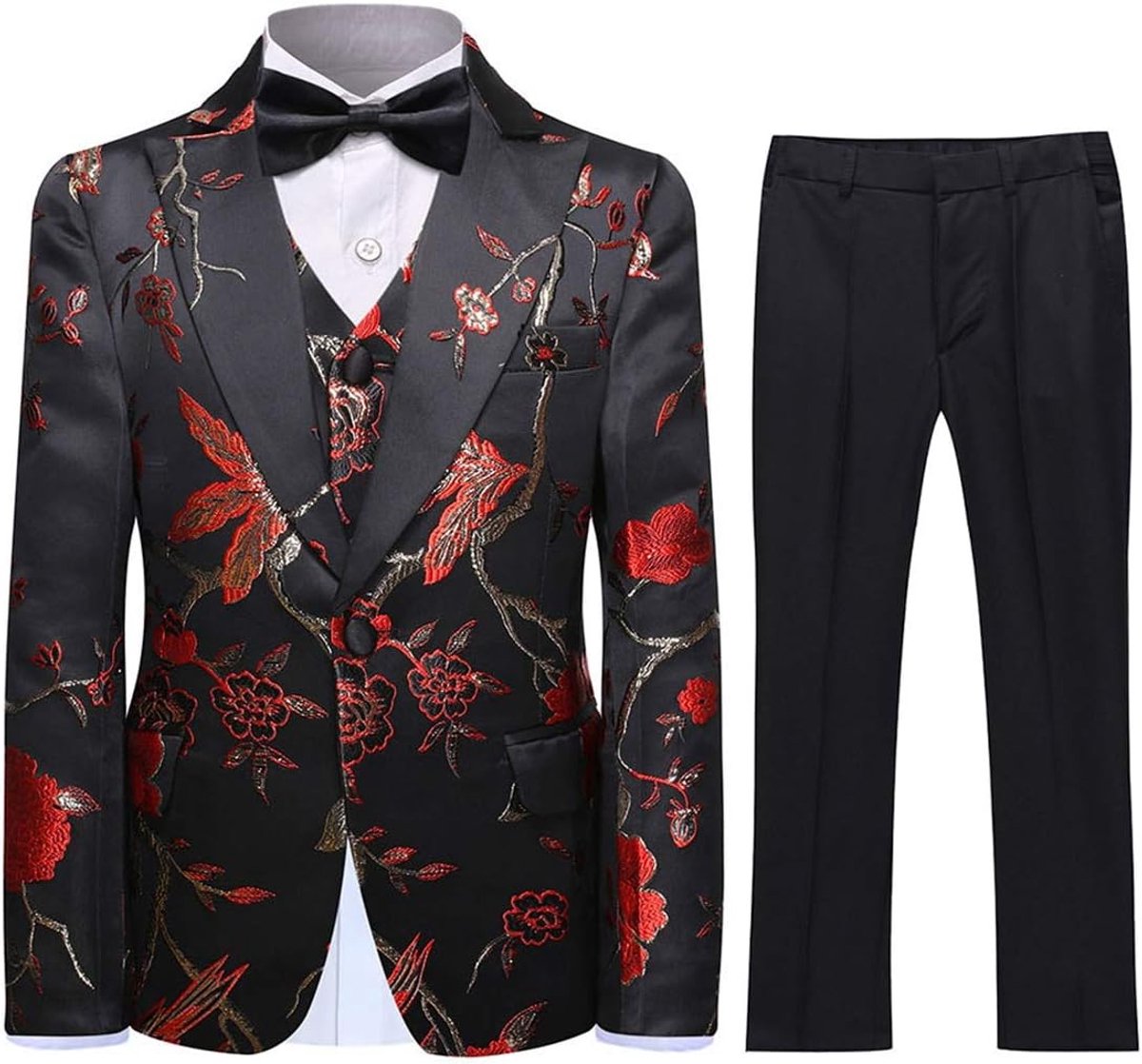 Jongenspakken 3-delig goud paisley bloemenpak kind set slim fit smoking borduurwerk pak blazer vest broek