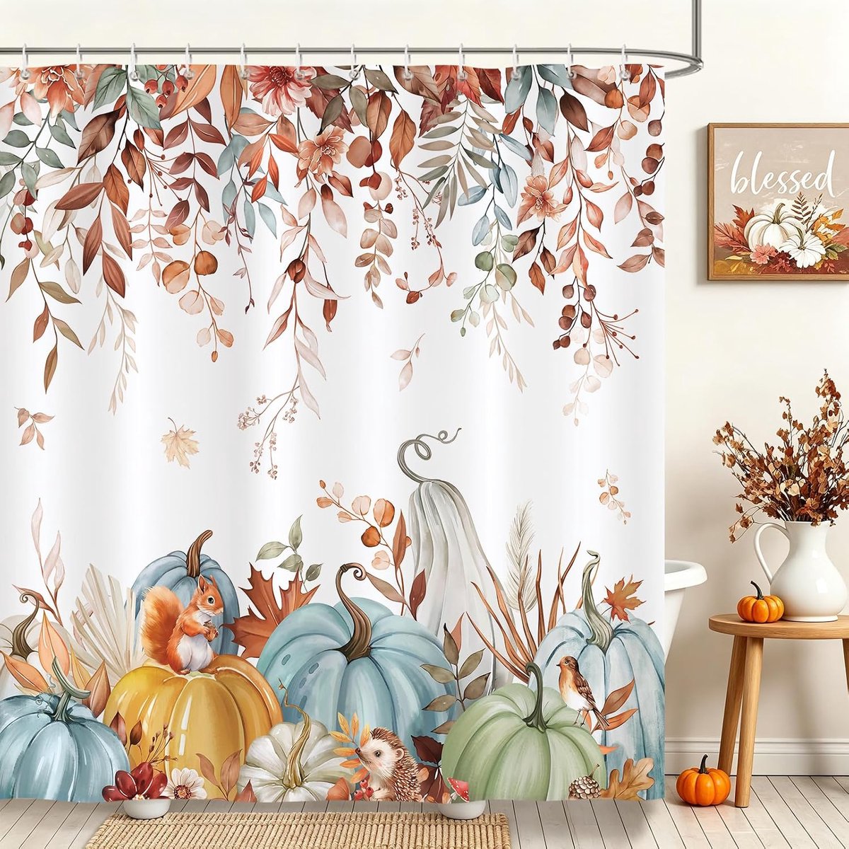 pompoen douchegordijn, herfst esdoorn bladeren bloemen eekhoorn Thanksgiving oogst badkamer gordijn 180 x 180 cm, waterafstotend, schimmelbestendig polyester met 12 haken