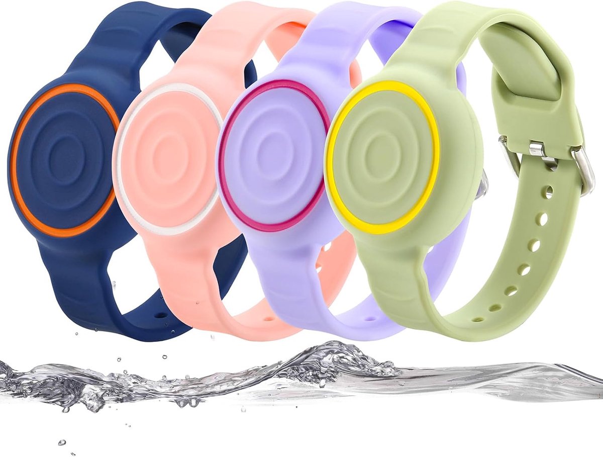 Horlogebandje voor AirTag, waterdicht, anti-verlies en krasbestendig, beschermhoes voor kinderen, jongeren en senioren (blauw + roze + paars + groen)
