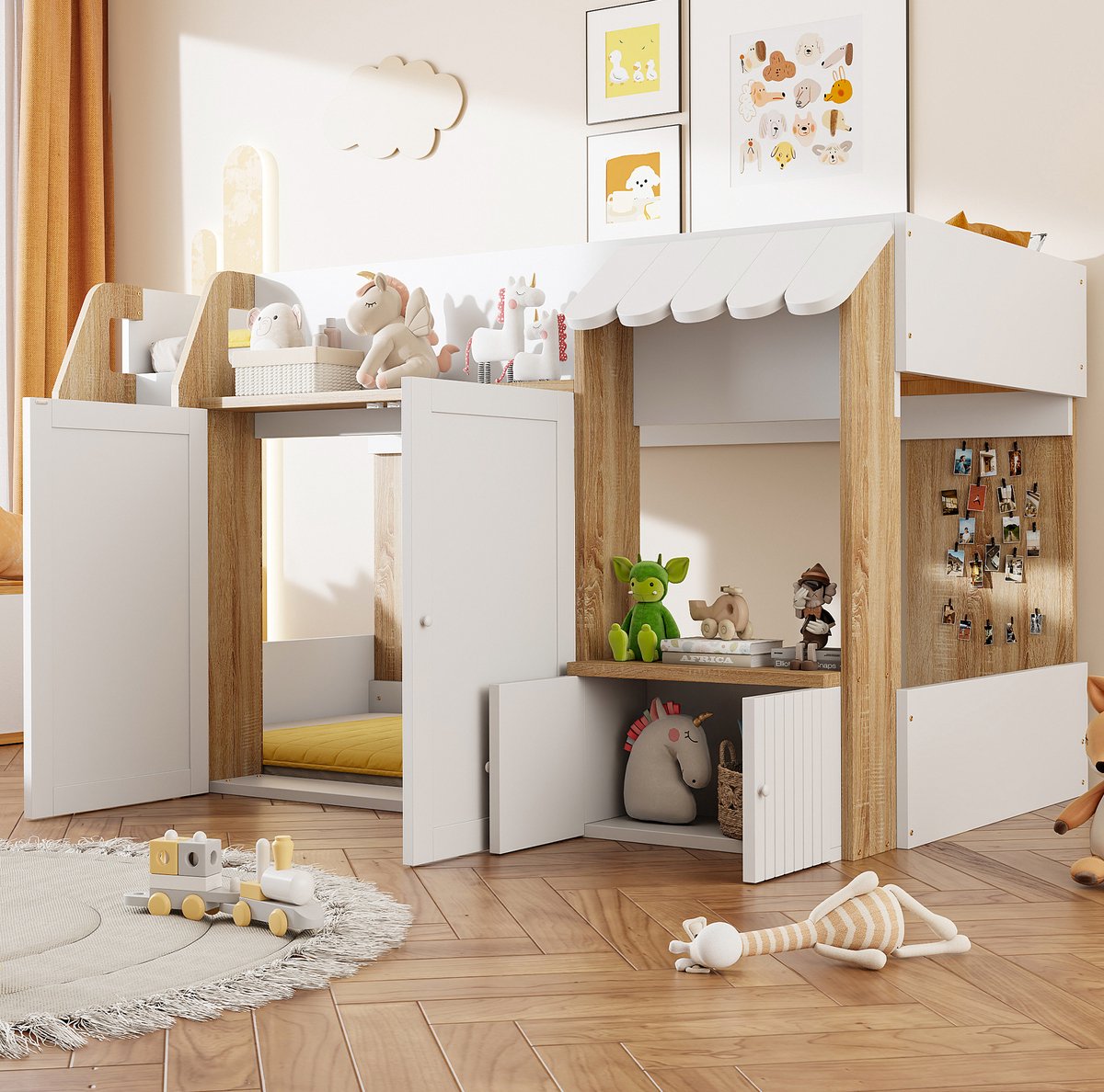 WUVRIE Halfhoogslaper huisbed 90x200 cm met ladder, open opbergruimte en 2 deuren, wit/naturel Wit en naturel