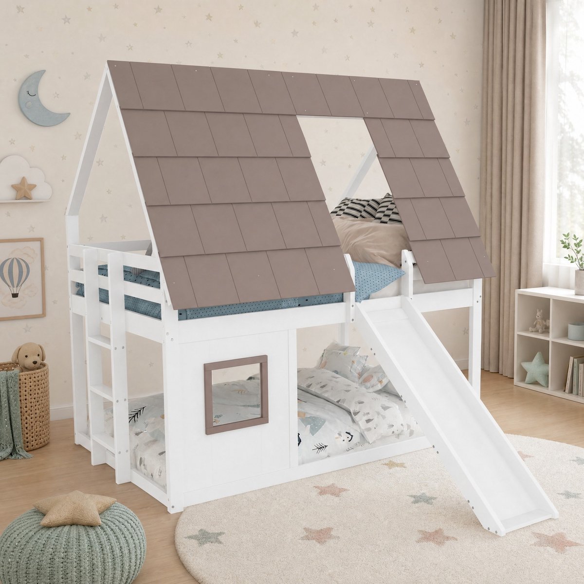 WUVRIE Stapelbed 140x200 cm met dak, ladder en glijbaan, huisbed voor kinderkamer, wit/bruin