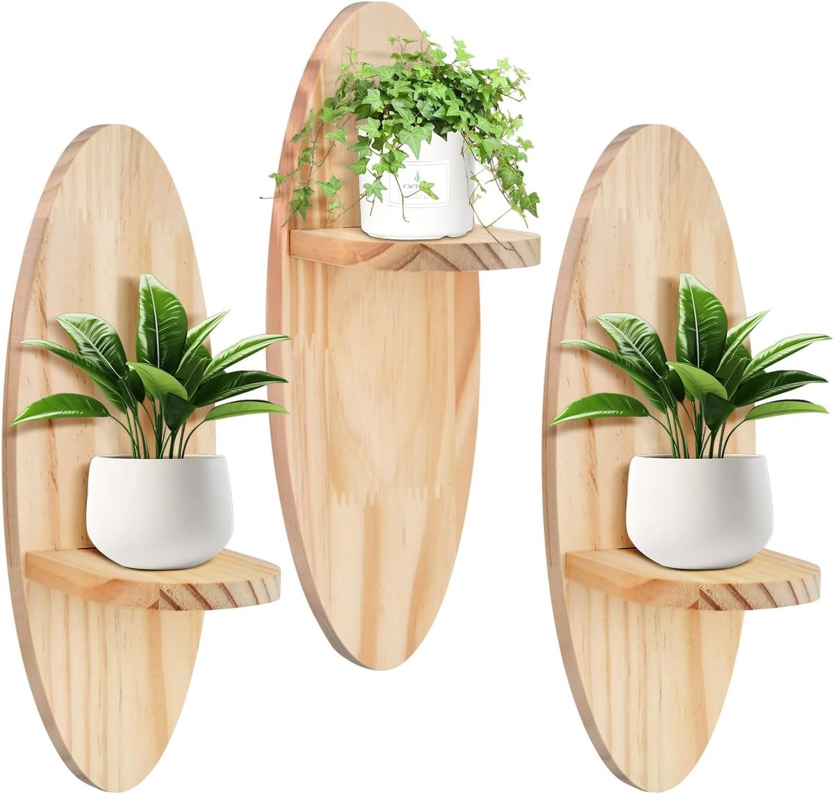 Set van 3 Houten Wandplanken, Decoratieve Zwevende Planken voor Muurdecoratie en Planten, Wandhouder voor Woonkamer, Slaapkamer en Hal