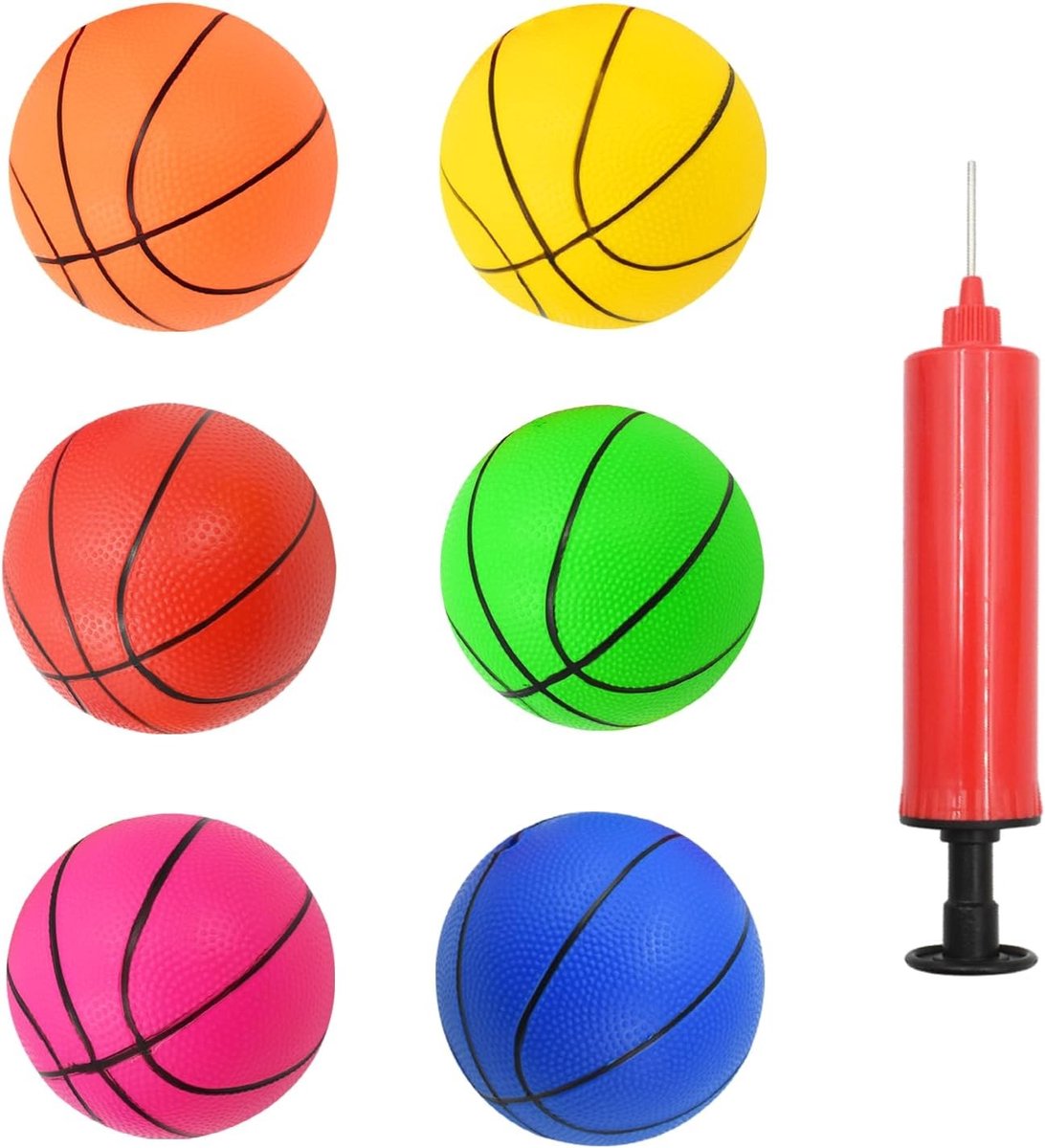 Mini Basketball Set van 6 Stuks, Opblaasbare Ballen met Pomp voor Binnen en Buiten Feesten, Sportaccessoires