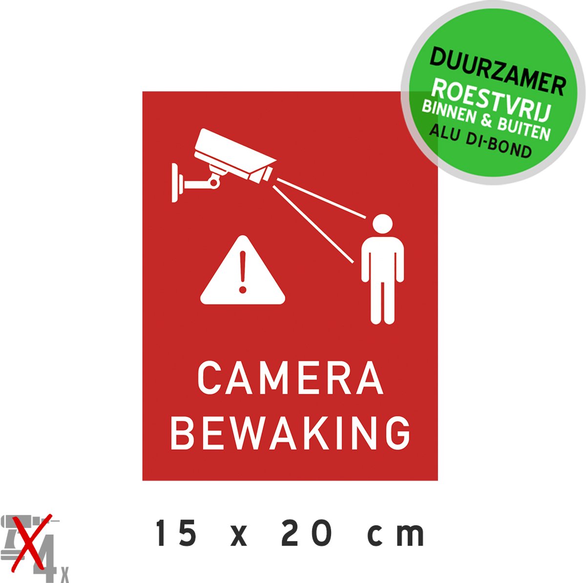 Pictogram/ metaal bord | "Camerabewaking" | 15 x 20 cm | Videobewaking | Rood | Duurzaam | Camera toezicht | Let op! | Bewaking | Waarschuwing | Roestvrij | 1 stuk