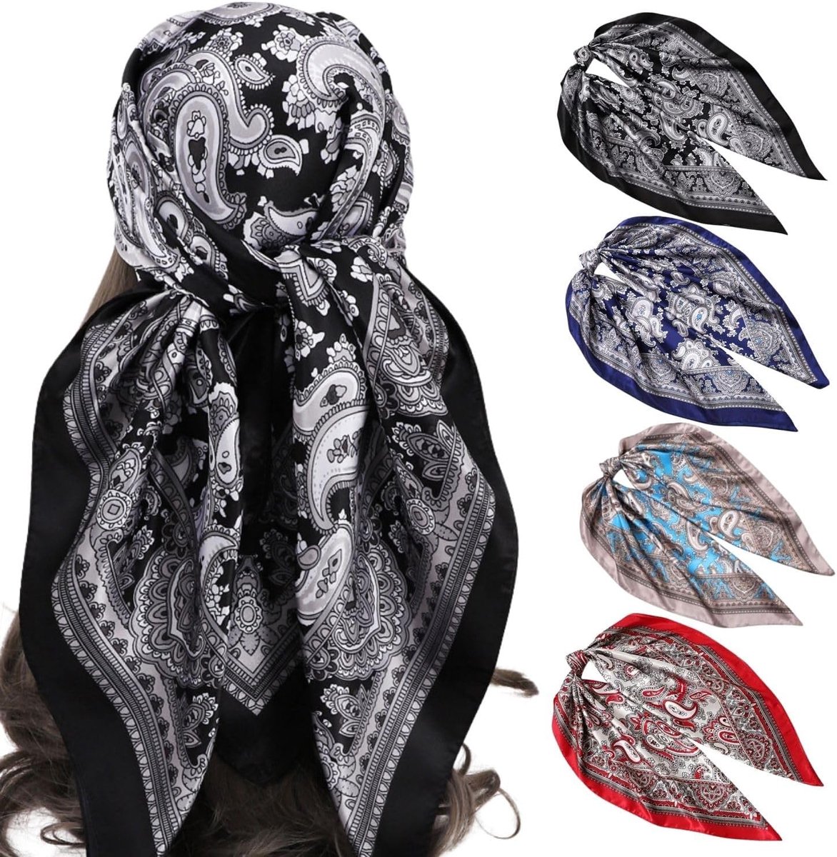 4 stuks hoofddoek voor dames, 90 x 90 cm, grote vierkante sjaals, bandana, zijden doek, halsdoek voor dames, haardoek, haaruitval, haarband vrouwelijk, zacht, boho, meerkleurig