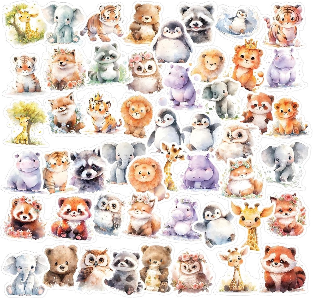50 Schattige Dieren Stickers voor Kinderen - Kawaii Watercolor, Waterdicht en Zelfklevend voor Laptop, Telefoon, Flessen en Scrapbooks