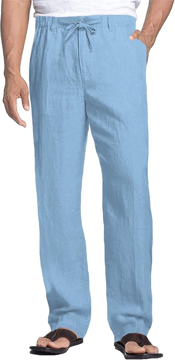 Heren Linnen Broek Lichtgewicht, Zomerbroek Casual, Strandbroek met Trekkoord en Zakken voor Vakantie
