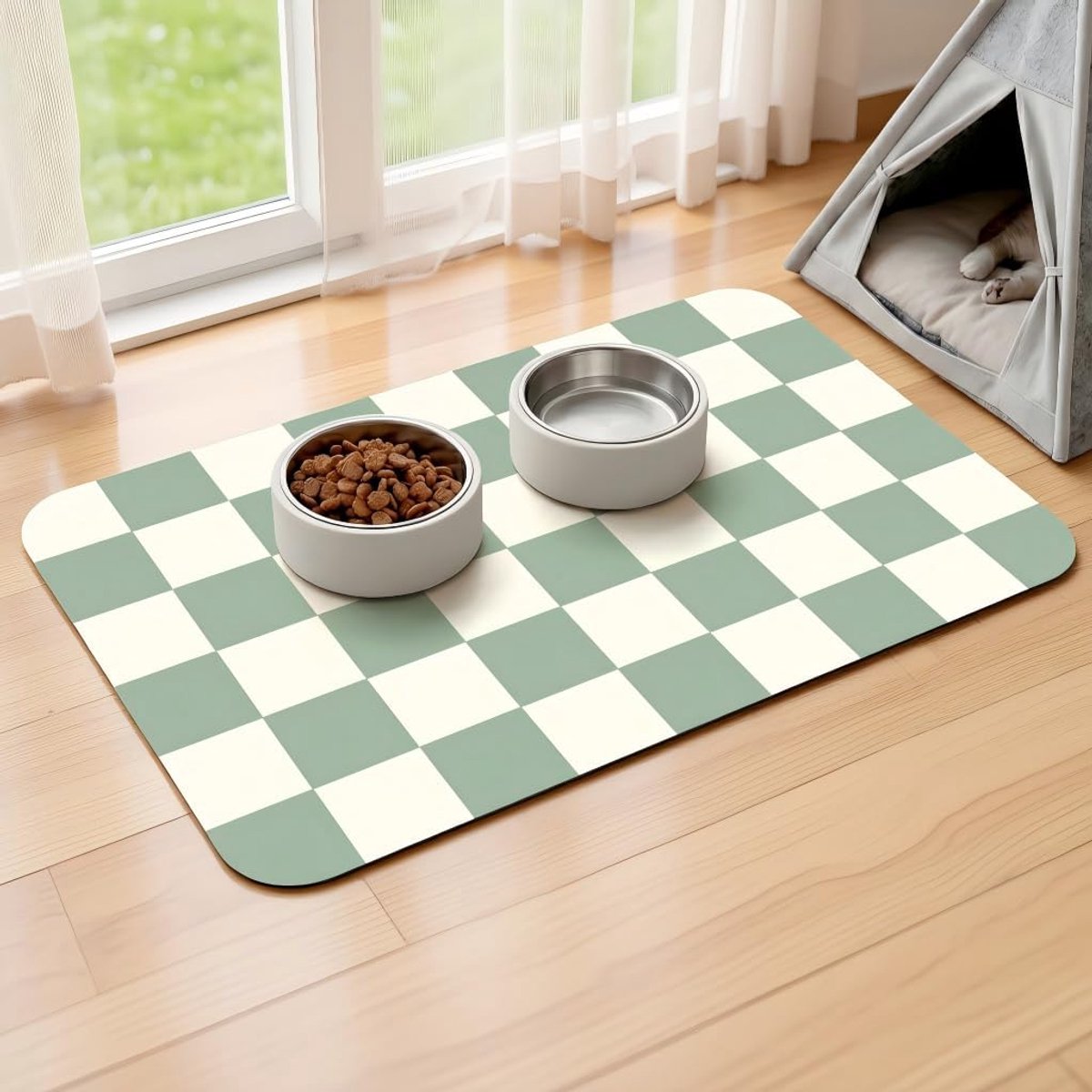 Mat, Voerbak Mat Voor Huisdieren Antislip, Absorberende Honden en kattenvoer mat, Sneldrogende Geruite Voerbak kattenvoermat Hondenbakmat (Groen, 30x50cm)