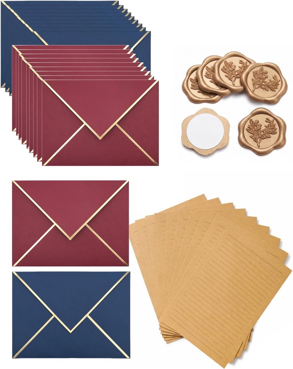 20 enveloppen C6 met gouden rand, 135 x 185 mm, pastelkleuren, inclusief 6 zegelstickers voor bruiloft, uitnodiging, verjaardag, bedankkaarten (blauw en rood)