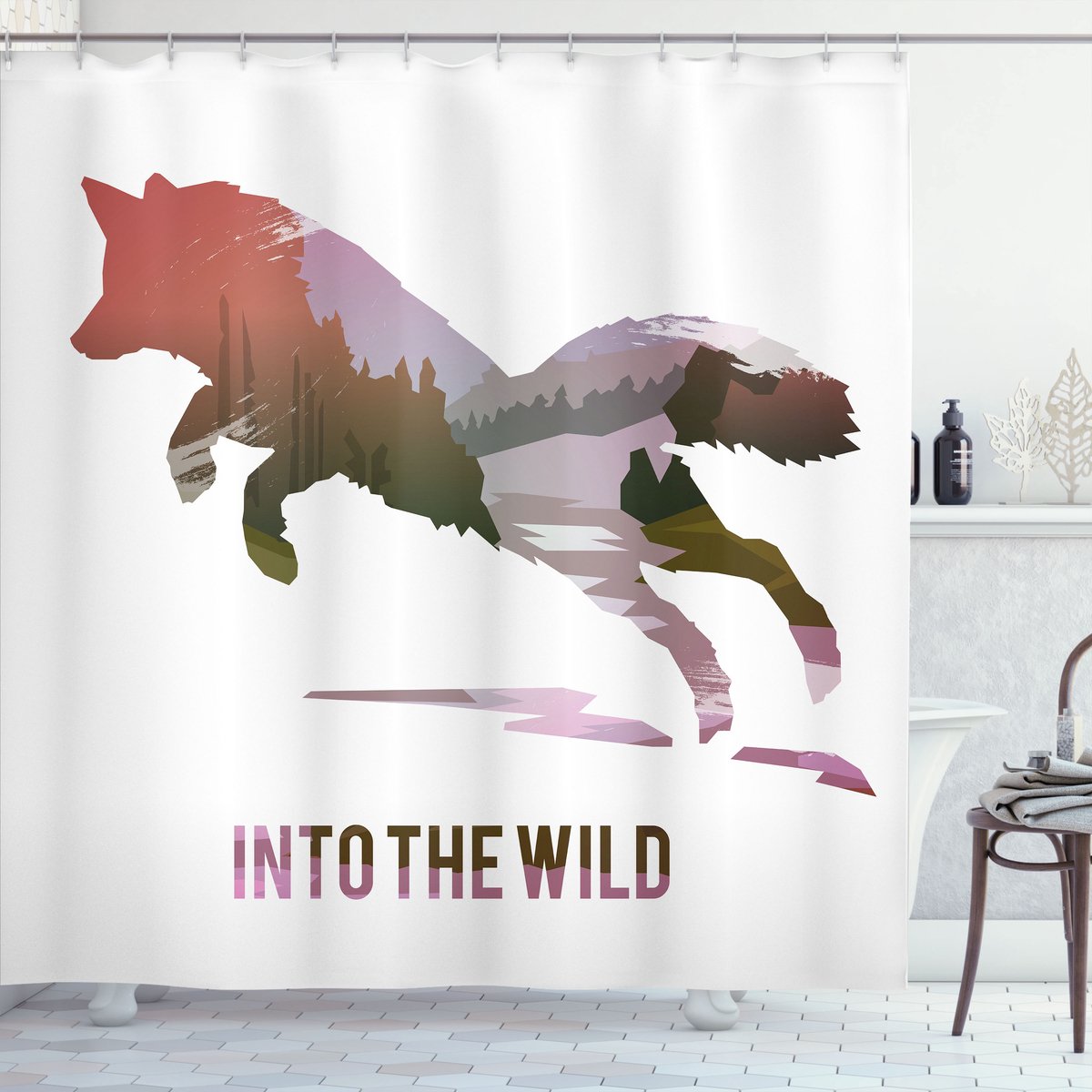ABAKUHAUS Vos Douchegordijn, Jumping Fox Wild Bos, Stoffen Badkamerdecoratieset met Haken, 175 x 220 cm, Lavendel Bruin Koraalrood