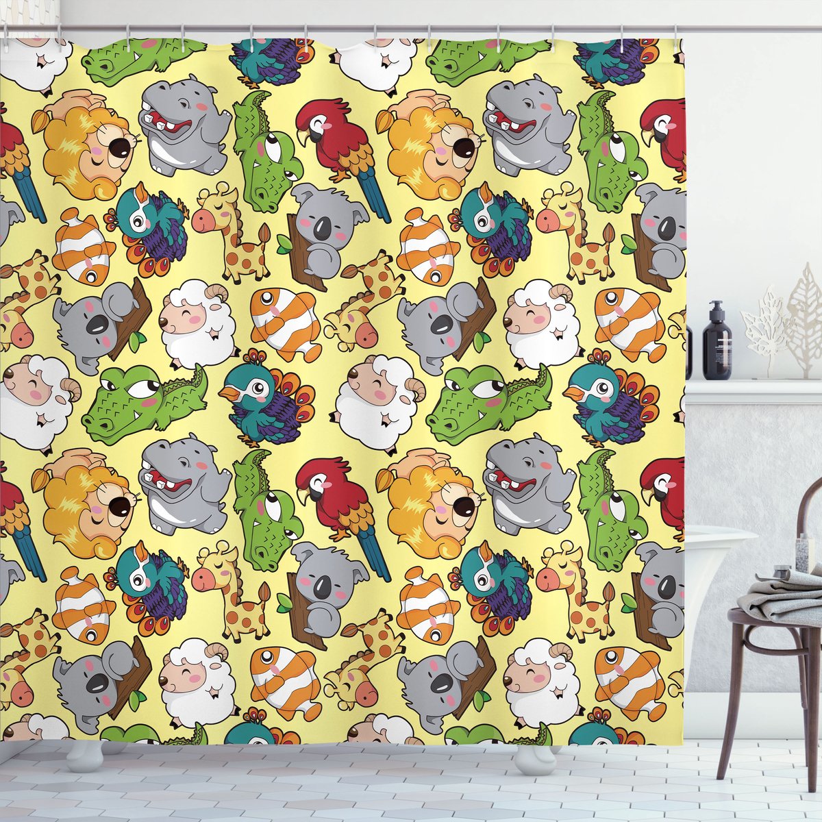 ABAKUHAUS Dieren Douchegordijn, Hippo Giraf Koala, Stoffen Badkamerdecoratieset met Haken, 175 x 240 cm, Meerkleurig