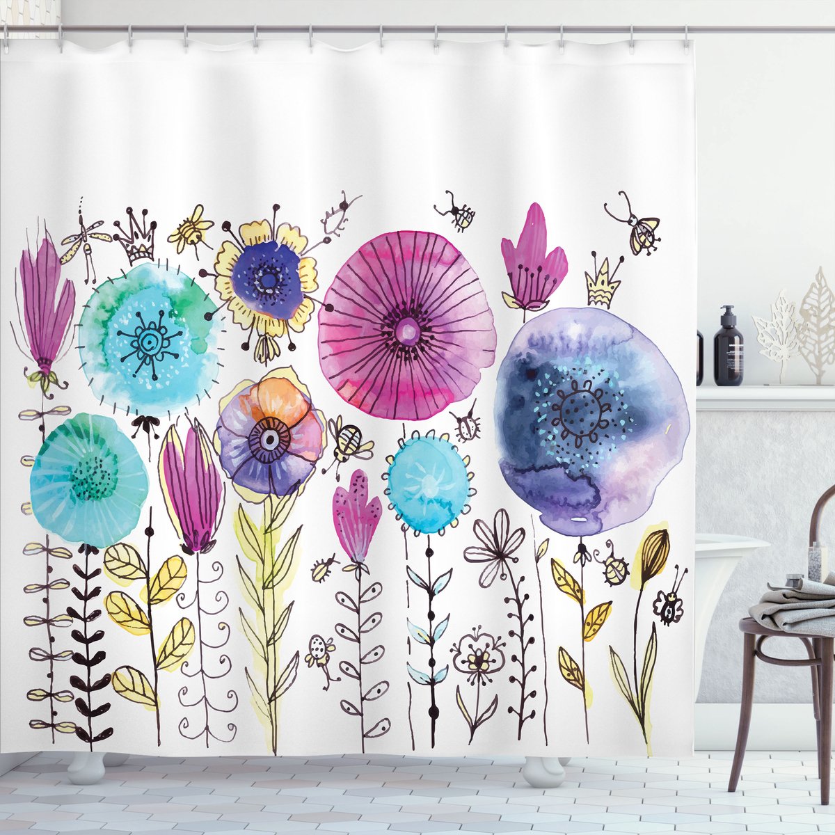 ABAKUHAUS Dragonfly Douchegordijn, Hello Zomer Concept met Paardenbloem en Dragonfly Be Vrolijk Kunstwerk, Stoffen Badkamerdecoratieset met Haken, 175 x 200 cm, Roze Blauw