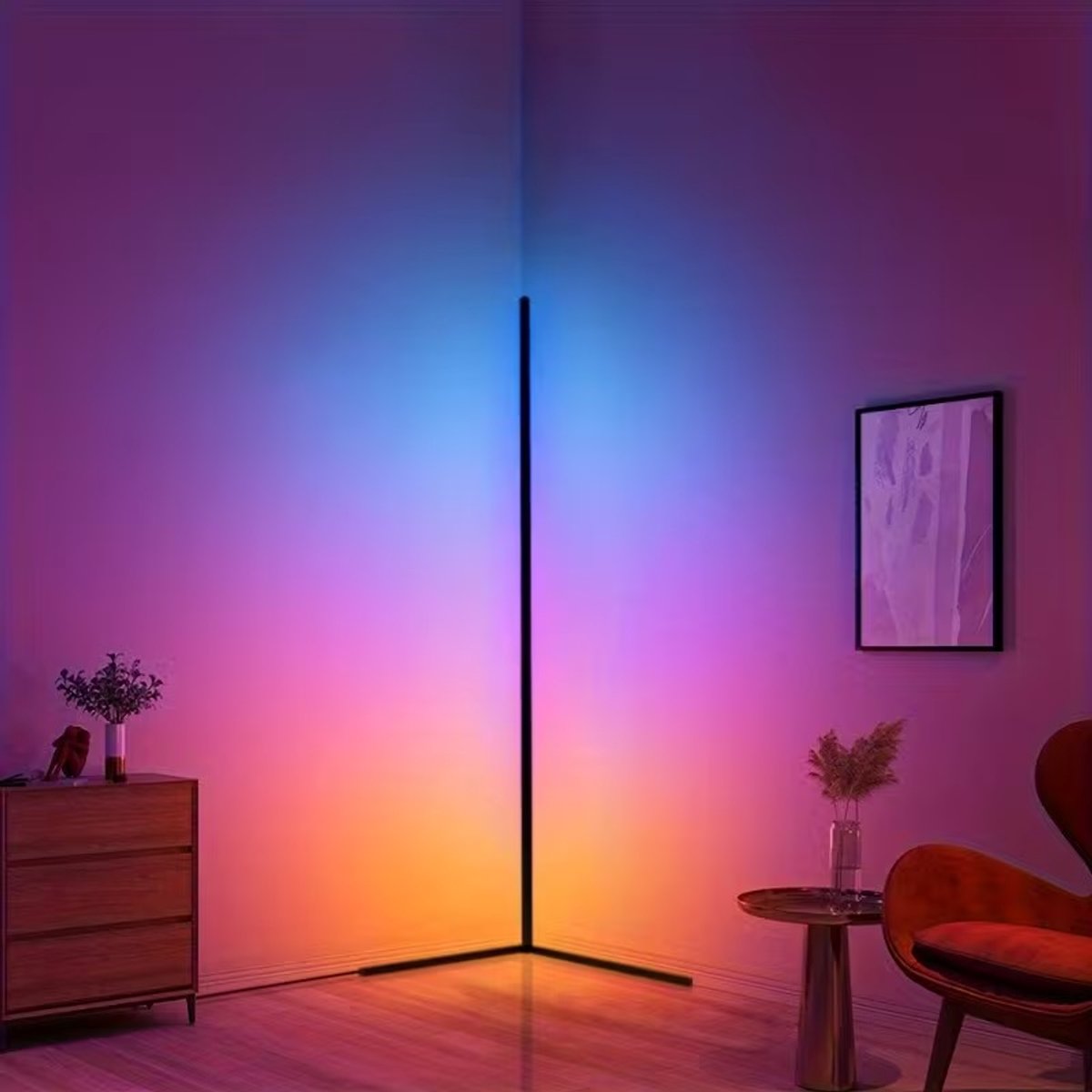 Hoekvloerlamp – 145 cm RGB LED Hoeklamp met Muzieksynchronisatie – Kleurveranderende Sfeerverlichting met Afstandsbediening en App – DIY-Modus en Timer – Voor Woonkamer en Gamingkamer