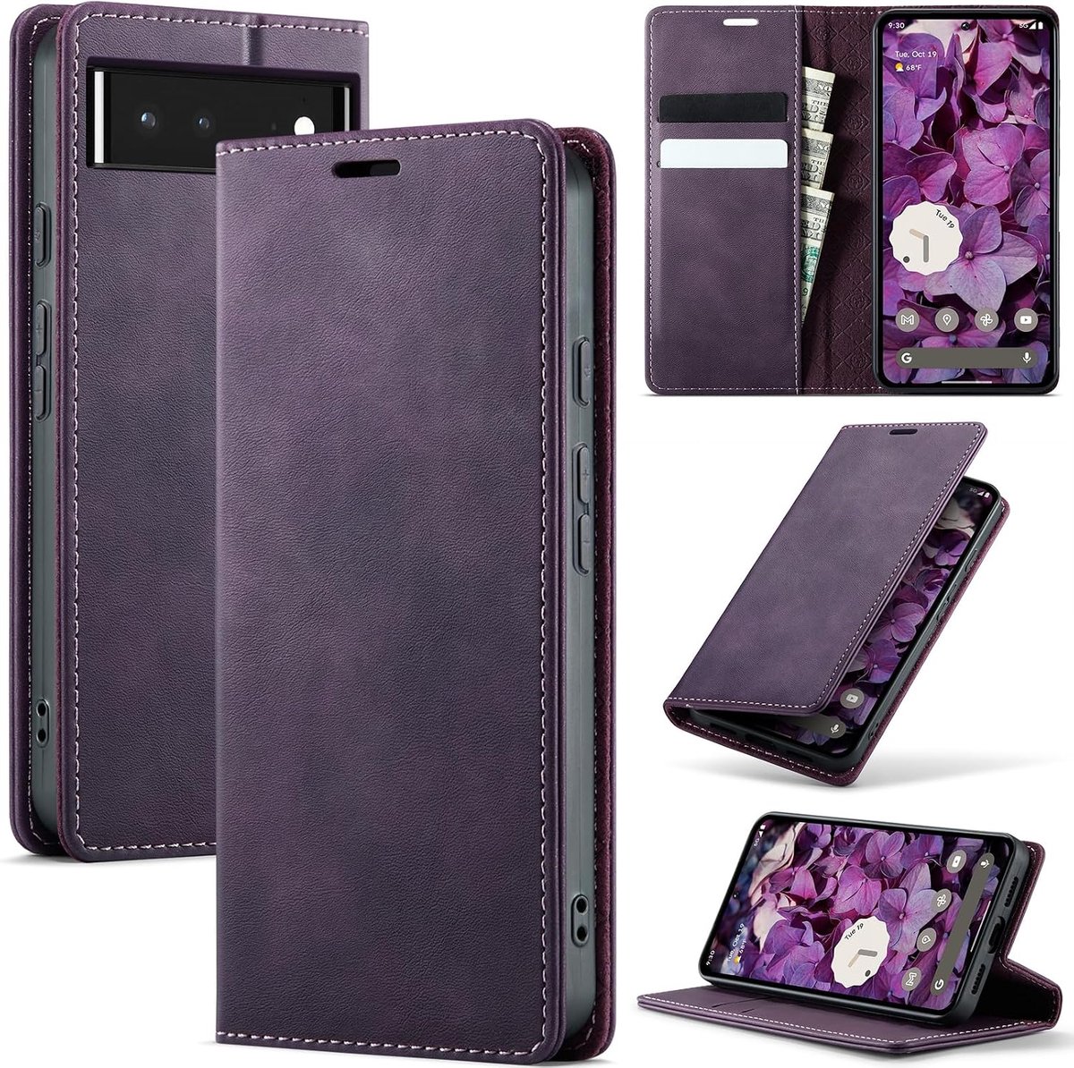 Hoesje voor Google Pixel 6 5G, magnetische Flip case, opvouwbaar standfunctie Cover beschermhoes met kaartsleuf en portemonnee, leren hoes voor Google Pixel 6, Paars