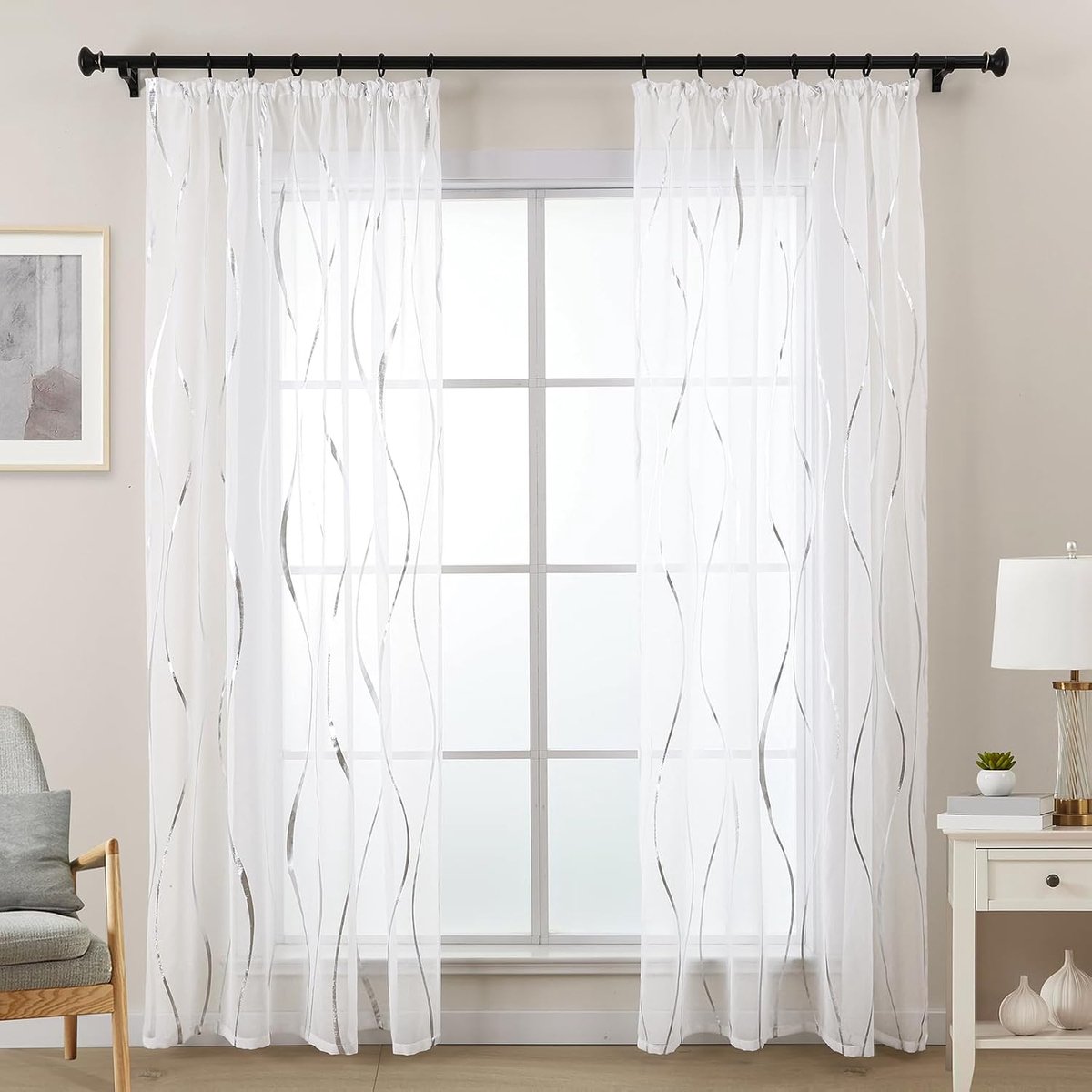 Gordijnen, zilverwit, voor woonkamer, gordijnen met plooiband voor railsysteem, transparant rail, gordijn voor slaapkamer, set van 2 gordijnen, modern, 245 cm lang (LZE2250T-S245)
