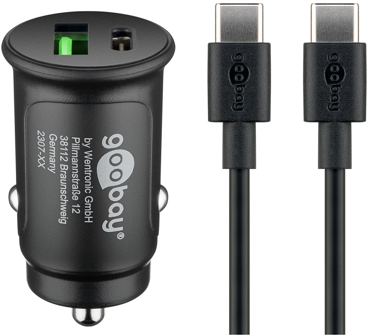 Goobay autoladerset 27 W met USB-C en USB-A plus USB-C-kabel van 1 m, Power Delivery tot 27 W en Quick Charge tot 18 W, voor 12 en 24 V