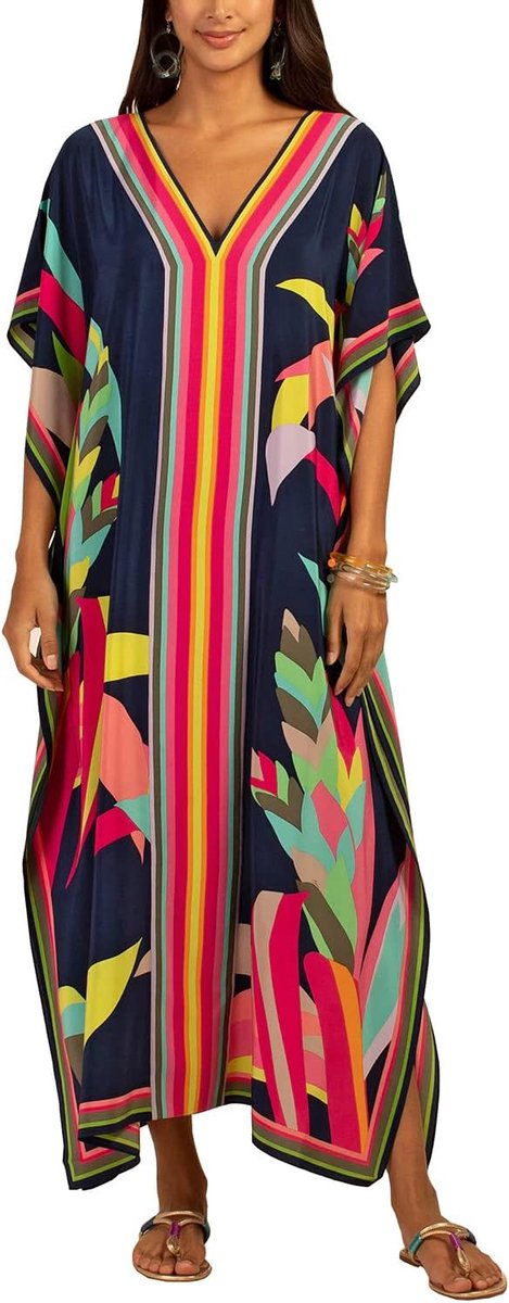 Bohemian Print Caftan Loungewear Nachthemd Maxi Nachtkleding Strandjurk Badpak Cover ups, Donkerblauw, Eén Maat